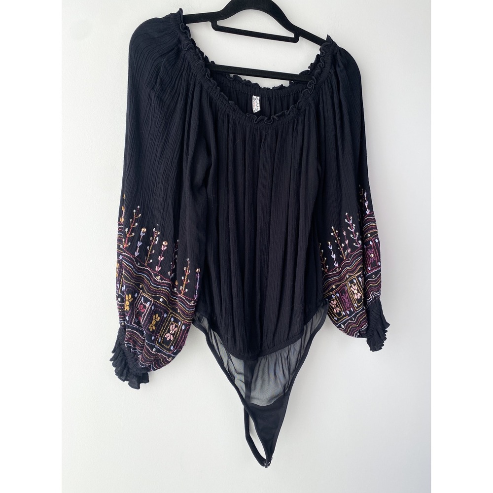 Free People Intimately Ella Bodysuit XS Black Embroidery Off Shoulder Whimsigoth - Picture 5 of 13